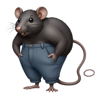 a large, completely black rat, all black, in pants, with a sweaty forehead sticker