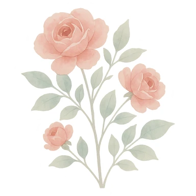 close-up of a rose bush with fine color transitions, clusters of roses, naturalistic leaves, watercolor art style sticker