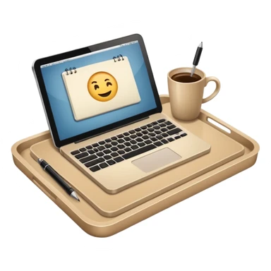 Laptop on the rectangular beige coffee tray, coffee and notebook sticker