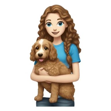 white girl with long brown hair and blue eyes holding a golden doodle puppy  sticker