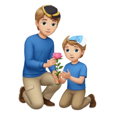 the boy on his knee and giving a folower to someone  sticker