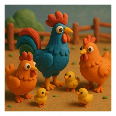rooster with hens and chicks, cheerful farmyard scene, colorful and cute in claymation style sticker