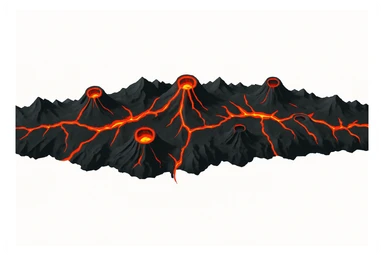 Top-down orthographic view (strictly from above) of a volcanic mountain belt strip designed as a map overlay. A long curved ridge line made of dark rocky mountains, with several small volcano cones along the strip. Bright red-orange lava cracks and glowing magma seams running through the ridge, symbolizing a tectonic plate boundary and magma being pushed upward. Clean infographic style, sharp silhouette, high contrast, minimal details, no perspective, no depth tilt, no horizon. Isolated single object centered on a pure white background (#FFFFFF). No text, no labels, no watermark. 4K, wide horizontal banner composition. sticker