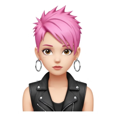 young fashionable woman, short spiky pink hair, wearing a leather vest and hoop earrings, confident look sticker
