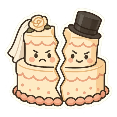 wedding cake split in half with cartoon faces on each side, both halves looking annoyed but still smiling, comical and fun for wedding stickers sticker