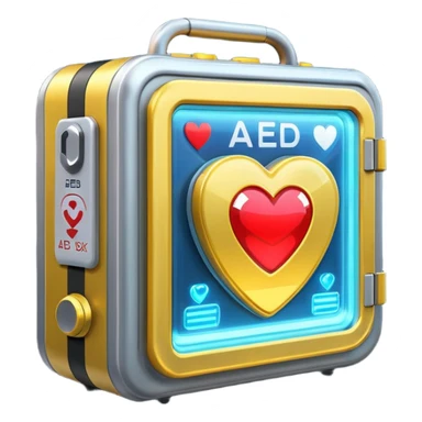 sci-fi AED box, glowing, sparkling, with layered panels and lights, emoji style sticker
