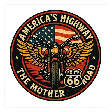 circular design for motorcycle cap, transparent background, text 'AMERICA'S HIGHWAY - ROUTE 66 - THE MOTHER ROAD', motif: motorcycle, wing, American flag, dynamic style sticker