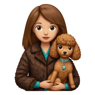 A girl who has long brown straight hair and wears a fur jacket holds a brown poodle sticker