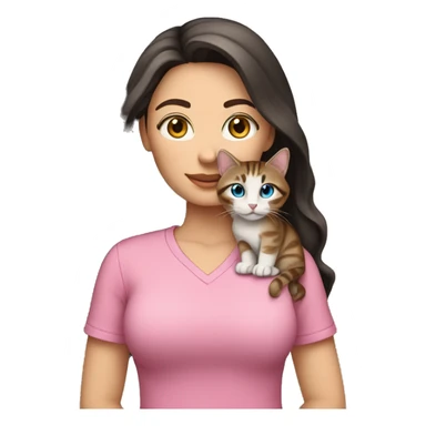 White woman with blue eyes and long dark hair wearing a pink shirt and holding a tabby cat sticker