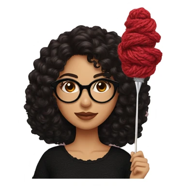 Hispanic woman with black glasses long dark brown curly hair holding small crochet needle and yarn wearing a black shirt with lace sticker
