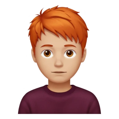 A guy with orange hair, short and messy, dark brown eyes, with a burgundy sweater sticker
