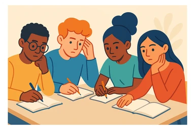 four diverse students working together, deep in thought, studious atmosphere, sitting at a table with notebooks, modern illustration style, soft colors, simple background sticker