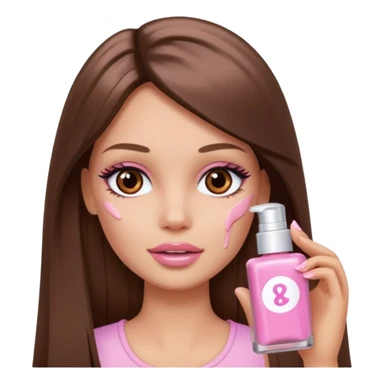 Barbie girl a brown long Straight hair and brown eyes is In pale pink smears by hand cosmetic cream on her face sticker