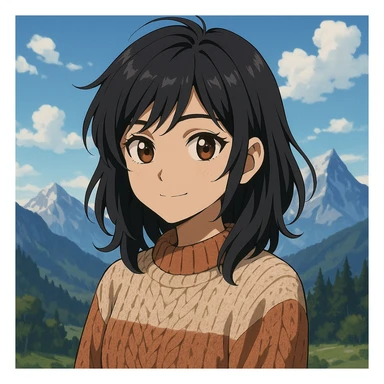 anime style Indian girl with black layered hair, brownish-black eyes, fair skin, wearing a cozy sweater, mountain scenery sticker