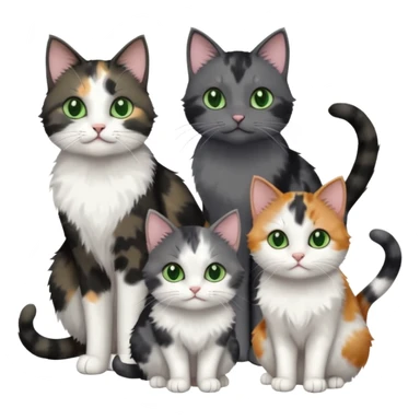 3 different coloured small cats including a dark grey and white, and a patchy calico and a completely solid dark grey with green eyes and only white paws sticker