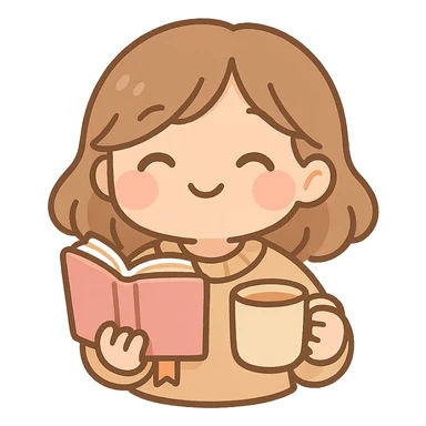 cozy book, pastel colors, smiling face, bookmark, chibi style, holding a cup of tea sticker