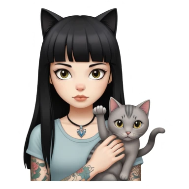girl with long black  straight bangs hair and tattoos and a light grey-shared cat sticker