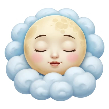 Cinematic adorable moon with a sleepy face, round and chubby, soft glowing light, tiny rosy cheeks, resting on a bed of fluffy clouds, dreamy and peaceful. sticker