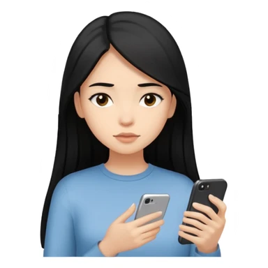A long, black haired girl with light skin and straight hair, looking at her phone, clean Minal aesthetic sticker
