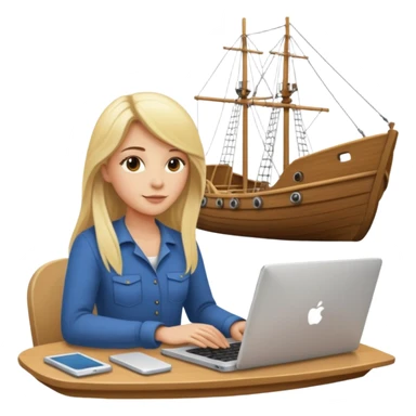 a blondie woman with long hair working with a computer laptop and a grains vessel (boat) around sticker