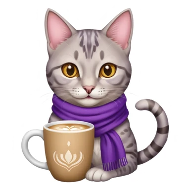 Happy Egyptian Mau Cat with purple scarf holding in its front two paws a hot latte in a white mug sticker