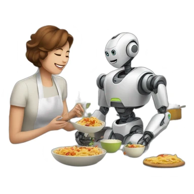 a robot play with a mom when he making food sticker