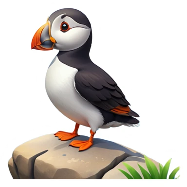 A 3D cartoon puffin bird standing on a rock near the sea, soft daylight, bright colors, realistic Memoji-style. sticker