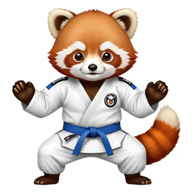 Red panda wearing a jiu jitsu gi with a white belt sticker