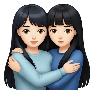 two white girls with long black hair hugging, one girl has bangs sticker
