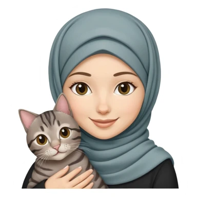 White girl wearing hijab holding a black grey tabby cat while smiling sticker