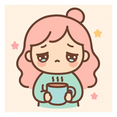 a tired mom, kawaii style, droopy eyes, holding coffee sticker