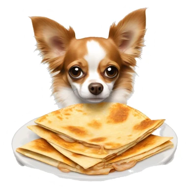 Long-haired reddish brown Chihuahua with white markings eating quesadilla sticker