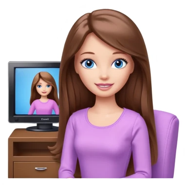beautiful barbie girl with long brown hair, blue eyes and wearing light purple clothes watching tv sticker