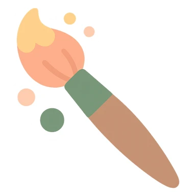 A cute and whimsical artist's paintbrush with a soft and cozy design, featuring a warm color palette: golden orange (FA9B41), deep forest green (4A7C5C), muted taupe brown (96775A), and pastel peach (FFCC9A). The brush has a delicate wooden handle in muted brown, with the bristles slightly fanned out, holding a touch of paint in shades of peach and orange. The tip of the brush is dipped in a soft golden hue, and tiny splashes of paint in the palette’s colors are gently scattered around. The overall mood is playful, artistic, and charming, evoking a sense of creativity and warmth. sticker