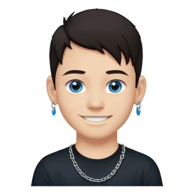 Un chico de pelo negro y ojos azules sonriendo levemente con una camiseta negra y una cadena de plata, tiene un piercing en el labio labret lateral un pendiente en la oreja izquierda y otro en la derecha con dos piercing arriba en el cartílago sticker