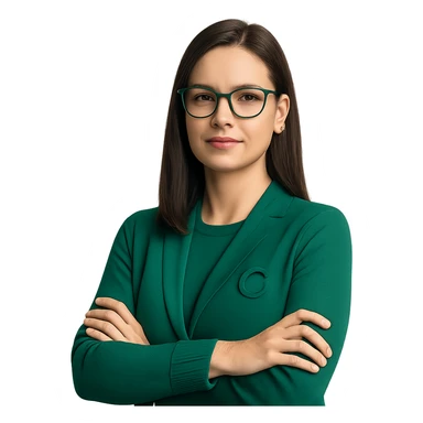 confident female CEO wearing an emerald green sweater, straight brown hair, emerald green glasses, modern office vibe sticker