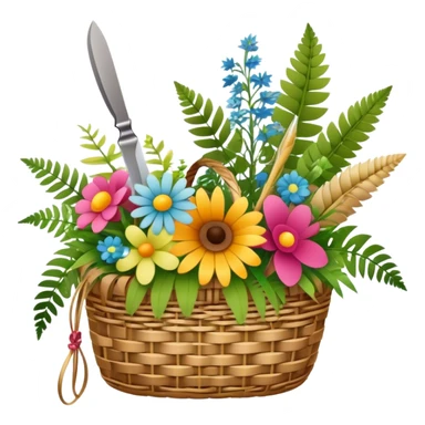 Icon for Floristry: a woven basket with flowers, reeds, ferns, bright ribbons and a small plush toy. Add scissors and knife. The icon should represent creativity in flower arrangement and decorative design. Transparent background. sticker