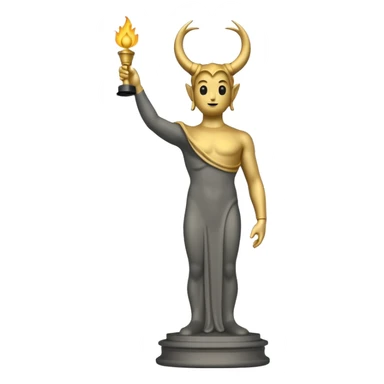 Minimalist emoji-style sticker of a full-body Oscar-like statue in matte gray-gold, with small horns  and faint flames at the base, all in black and muted hues sticker