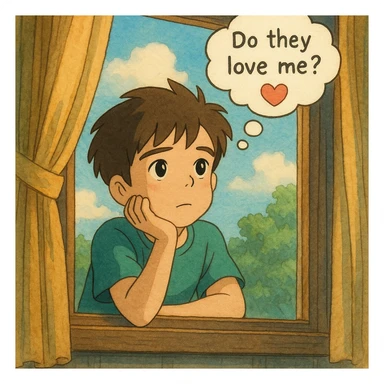 ghibli style illustration of a boy gazing out a window, dreamy expression, thought bubble with 'do they love me?' and a heart sticker