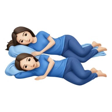 two white brunette women lying down full body on top of each other wrapped around each other one wearing a blue shirt they should be melting into each other. ONLY two women not three sticker