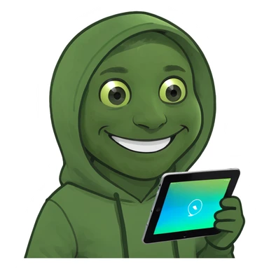 a man in a hoodie, smiling, holding an iPad, memoji style sticker