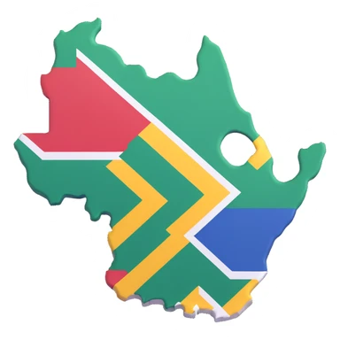 Create a 3D style illustration of the map outline of South Africa with the South African flag applied on it. The flag colors should be vivid and clearly visible, emphasizing the distinct colors of the South African national flag on the map shape. sticker