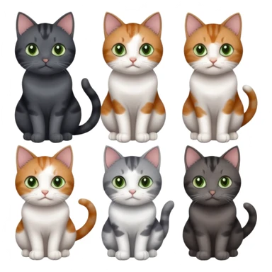 6 different coloured small cats including a dark grey and white, and a patchy calico, and a brown tabby and white,  and a completely solid dark grey with green eyes and only white paws sticker