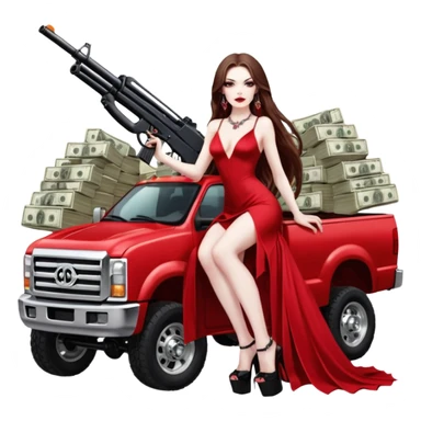 Lilith symbol red eye seductress evil long brown haired sexy succubus woman. Wearing Chanel  long dress with slit, sitting on top of a  giant lifted F350 pickup truck. Black Platform heels on feet. Back of truck full of stacks of cash, sitting behind her is  a human skull with a gun in other hand sticker