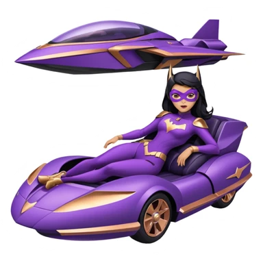 Hot full size real-appearance racing action BatGirl’s feminine midnight-purple tight outfit sixty’s tv show 1992 stealth retro cat burglar sporty petite off-road pursuit hovering hover cruiser car rose gold accents (black hair,reclined and relaxed seating position and attitude) desert sticker