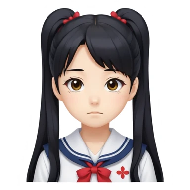 Serious anime girl with long black hair in high ponytail wearing Japanese sailor style school uniform, stern expression, kawaii style sticker