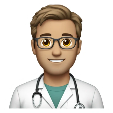 male Doctor in scrubs and stethoscope fair skin with brown hair and a little gray in it with gray eyeglasses and no lab coat sticker