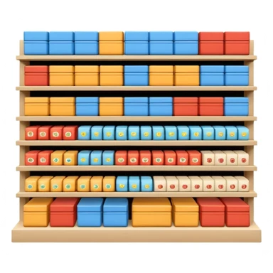 "Minimalist Japanese retail shelf display, products arranged in identical horizontal rows, with multiple units of each item placed directly behind one another, vertically varied by type, clean spacing, precise symmetry, soft neutral lighting, front-facing packages, ultra-detailed." sticker