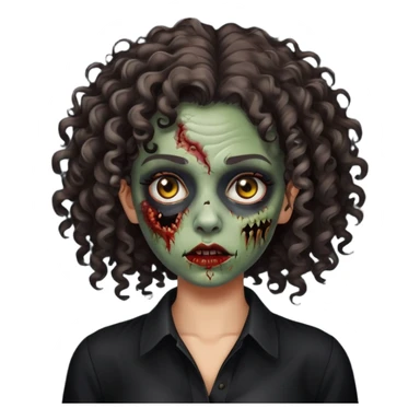 crie uma mulher de cabelo cacheado com pele de zumbi usando uma blusa preta sticker