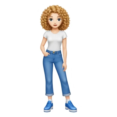 Meuf Cleane tête fine très très très belle cheveux bouclé haut blancs et jean bleu large avec des samba  sticker